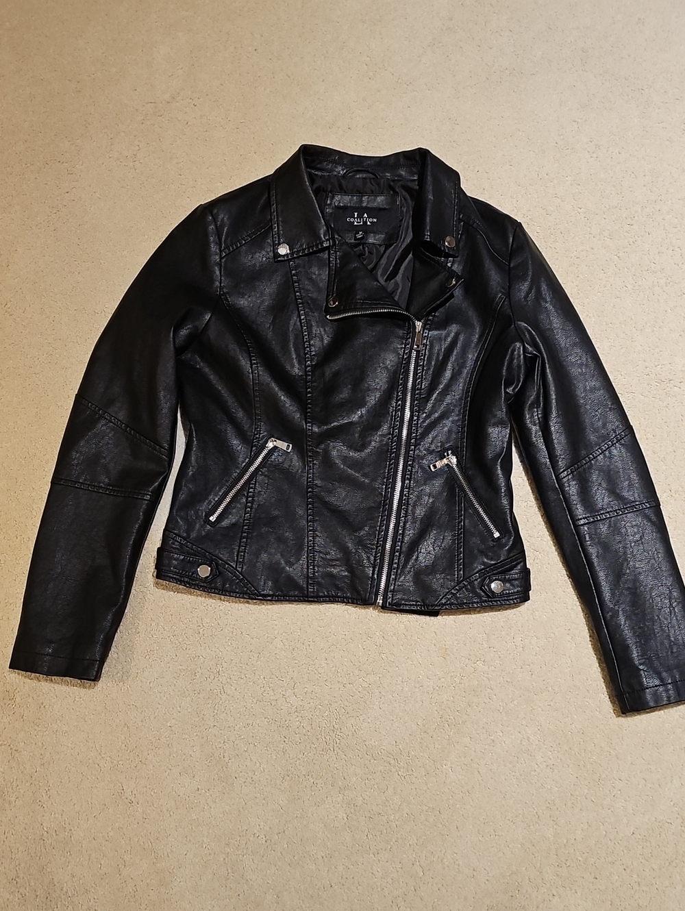 Black Faux Leather Moto Jacket with Asymmetric Zip